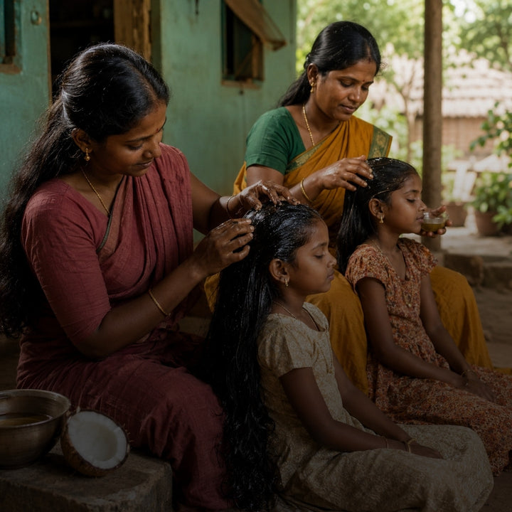 Rituel capillaire familial à l’huile de coco dans le Tamil Nadu